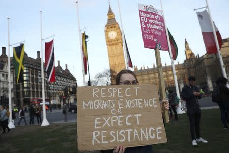 FILE PHOTO - A demonstrator holds a placard during a protest in favour of amendments to the Brexit Bill outside the Houses of Parliament, in London, Britain, March 13, 2017. REUTERS/Neil Hall/File Photo