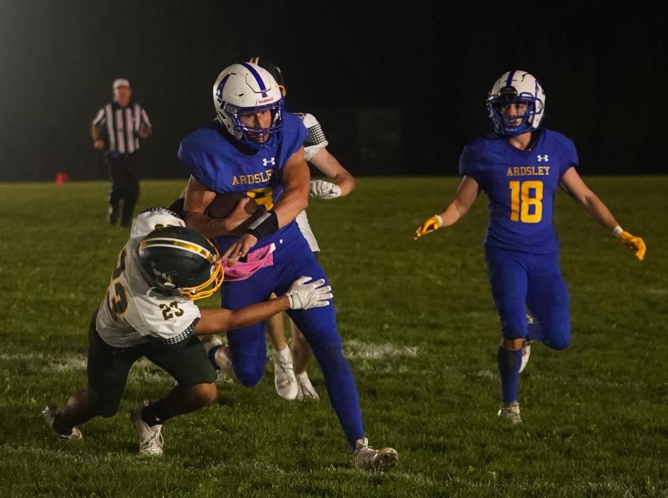 Ardsley's Michael Rende (9) with the carry during their 22-6 win over Lakeland in football action at Ardsley High School on Friday, October 6, 2023.