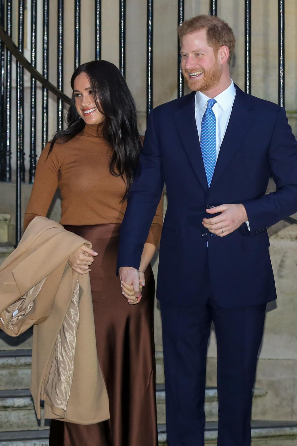 LONDON, UNITED KINGDOM - JANUARY 7: Prince Harry, Duke of Sussex and Meghan, Duchess of Sussex leave Canada House in London, United Kingdom on January 7, 2020. Duke and Duchess of Sussex met Janice Charette, High Commissioner for Canada to the UK and the staff and thanked them for the warm Canadian hospitality and support they received during their recent stay in Canada.  (Photo by Dinendra Haria/Anadolu Agency via Getty Images)