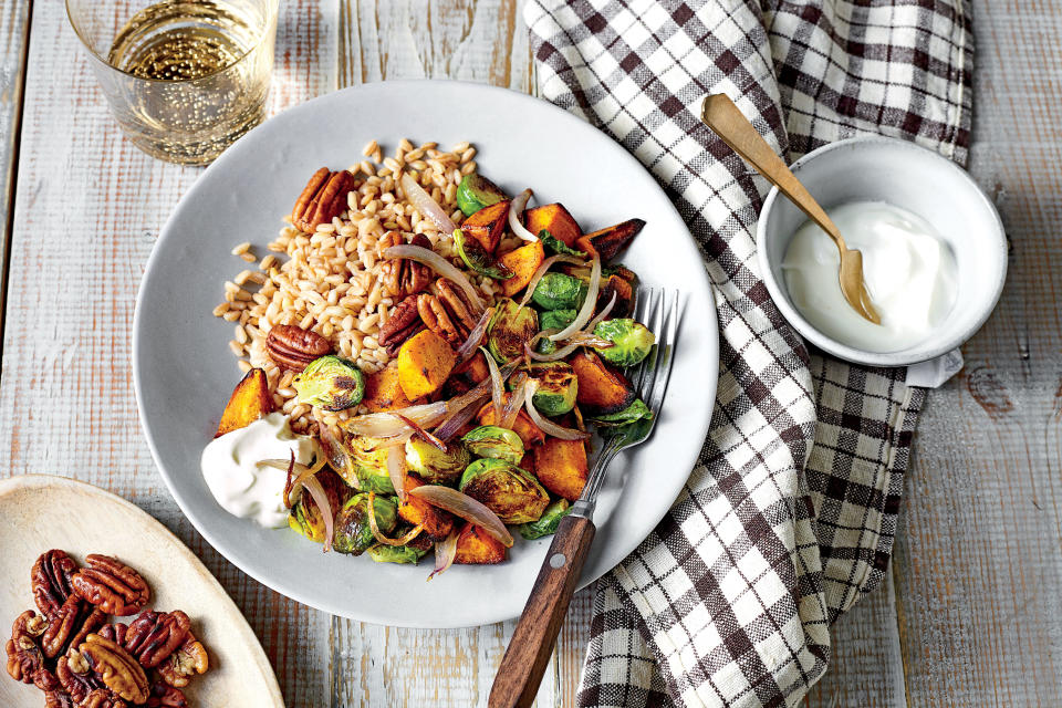 Farro Bowl with Curry-Roasted Sweet Potatoes and Brussels Sprouts