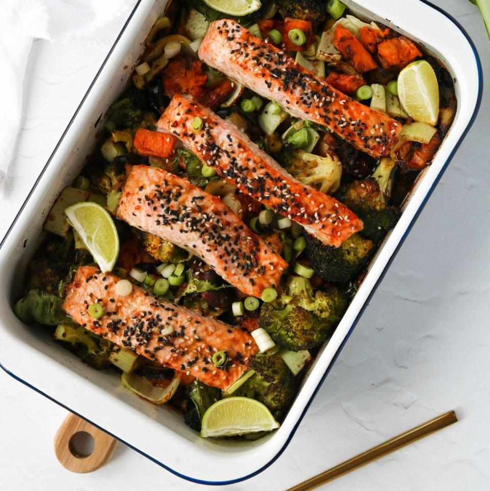 <p>This teriyaki <a href="https://www.delish.com/uk/cooking/recipes/g29843028/healthy-salmon-recipes/" rel="nofollow noopener" target="_blank" data-ylk="slk:salmon;elm:context_link;itc:0;sec:content-canvas" class="link ">salmon</a> traybake is a great <a href="https://www.delish.com/uk/cooking/recipes/a35508459/sausage-pasta/" rel="nofollow noopener" target="_blank" data-ylk="slk:one-pot;elm:context_link;itc:0;sec:content-canvas" class="link ">one-pot</a> dish packed with colourful veggies including sweet potato, aubergine, broccoli, shiitake mushrooms and pak choi. A delicious all in one <a href="https://www.delish.com/uk/cooking/recipes/g33618956/salmon-traybake/" rel="nofollow noopener" target="_blank" data-ylk="slk:traybake;elm:context_link;itc:0;sec:content-canvas" class="link ">traybake</a> with so much colour, flavour and variety that everyone will love it.</p><p>Get the <a href="https://www.delish.com/uk/cooking/recipes/a35762840/teriyaki-salmon/" rel="nofollow noopener" target="_blank" data-ylk="slk:Teriyaki Salmon Traybake;elm:context_link;itc:0;sec:content-canvas" class="link ">Teriyaki Salmon Traybake</a> recipe.</p>