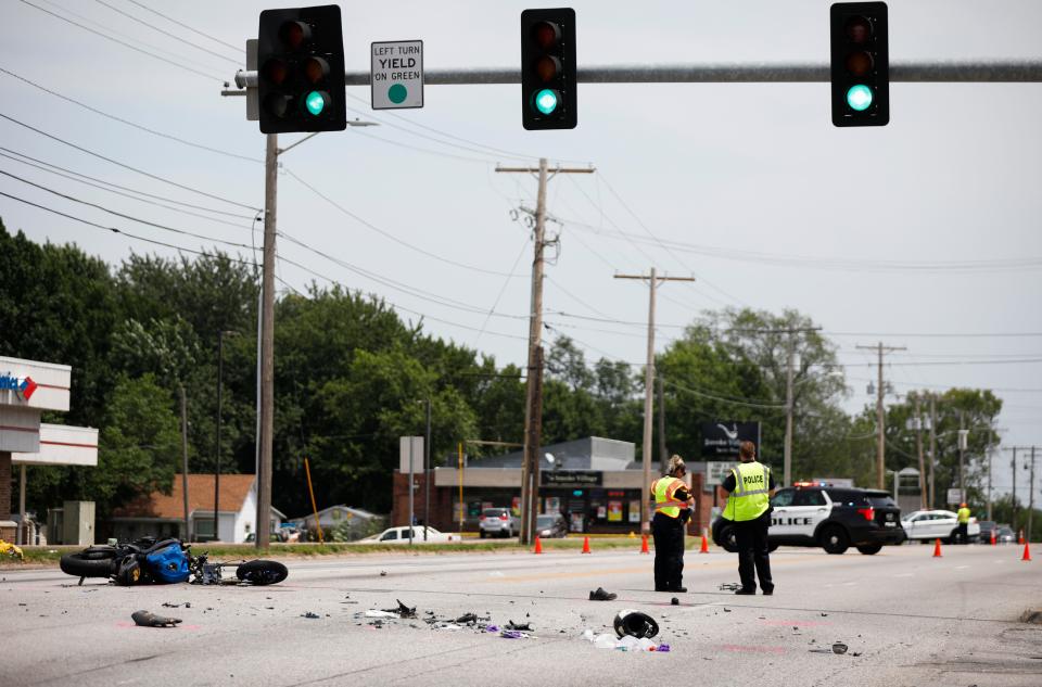 Springfield Police investigate an accident at the intersection of Grant Ave. and Kearney Street that left a motorcycle rider dead on Tuesday, Aug. 1, 2023.