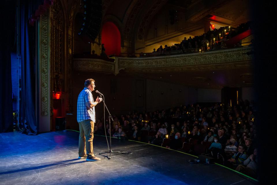 Tony Dahlman performs at the "Growing Up" themed Storytellers event at Hoyt Sherman Place in Des Moines, Tuesday, April 26, 2022.