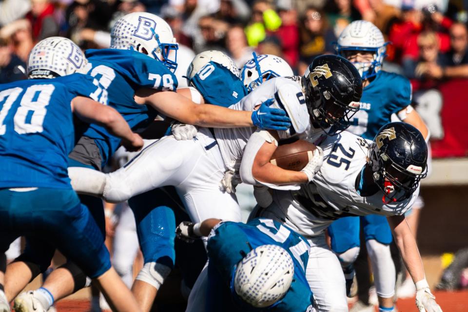 Enterprise High School’s Brayden Gardner is brought down by Beaver High School’s defense during the 1A football state championship at Southern Utah University in Cedar City on Saturday, Nov. 11, 2023. | Megan Nielsen, Deseret News