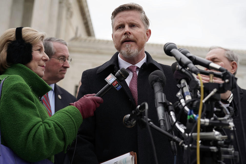 WASHINGTON, DC - APRIL 17:  Chairman of the board for Overstock.com Jonathan Johnson speaks to members of the media in front of the U.S. Supreme Court April 17, 2018 in Washington, DC. The Supreme Court heard oral arguments today in South Dakota v. Wayfair, regarding whether states can collect sales taxes on purchases from out-of-state online retailers.  (Photo by Alex Wong/Getty Images)