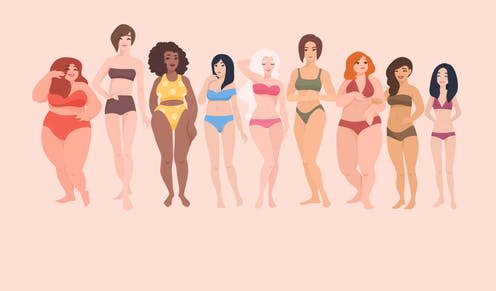 <span class="caption">Looking at diverse images can make people less critical of their bodies.</span> <span class="attribution"><a class="link " href="https://www.shutterstock.com/image-vector/multiracial-women-different-height-figure-type-713100184" rel="nofollow noopener" target="_blank" data-ylk="slk:GoodStudio/Shutterstock;elm:context_link;itc:0;sec:content-canvas">GoodStudio/Shutterstock</a></span>