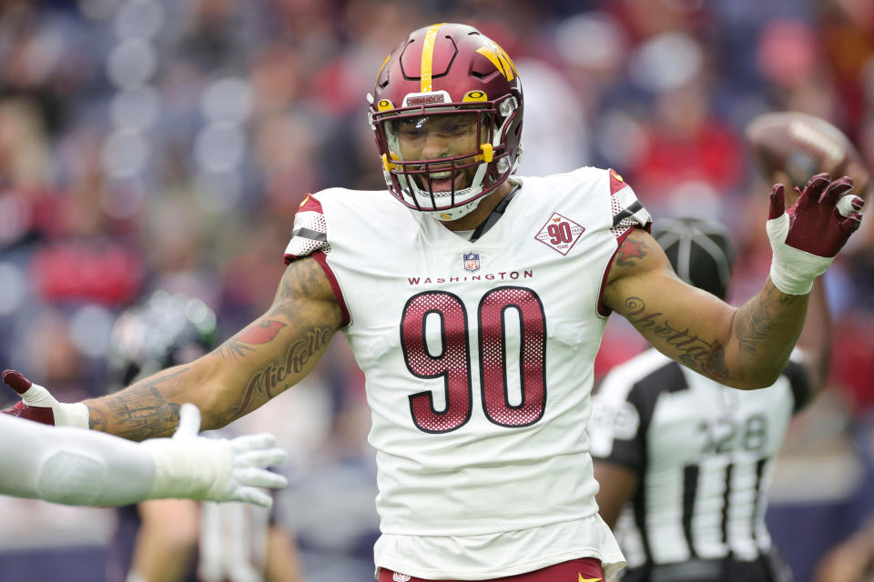 Montez Sweat #90 of the Washington Commanders celebrates a sack. (Photo by Carmen Mandato/Getty Images)