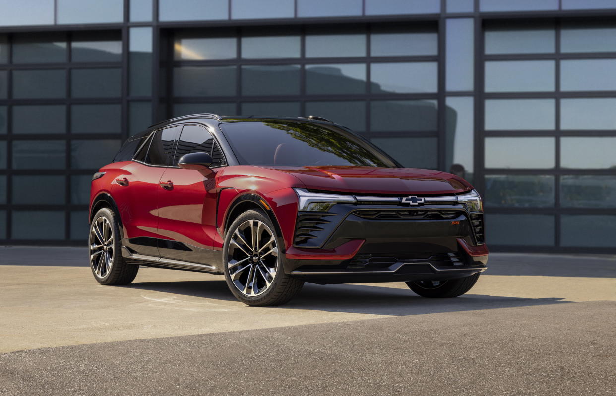 Three-quarter view of 2024 Chevrolet Blazer EV SS in Radiant Red Tintcoat. Preproduction model shown. Actual production model may vary. 2024 Chevrolet Blazer EV available Spring 2023.