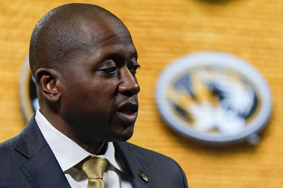 Missouri NCAA college basketball head coach Dennis Gates speaks during Southeastern Conference Media Days, Wednesday, Oct. 18, 2023, in Birmingham, Ala. (AP Photo/Mike Stewart)