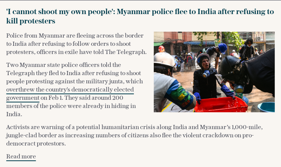 'I cannot shoot my own people': Myanmar police flee to India after refusing to kill protesters