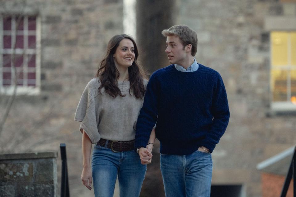 Meg Bellamy as Kate Middleton and Ed McVey as Prince William in The Crown season six (Netflix)