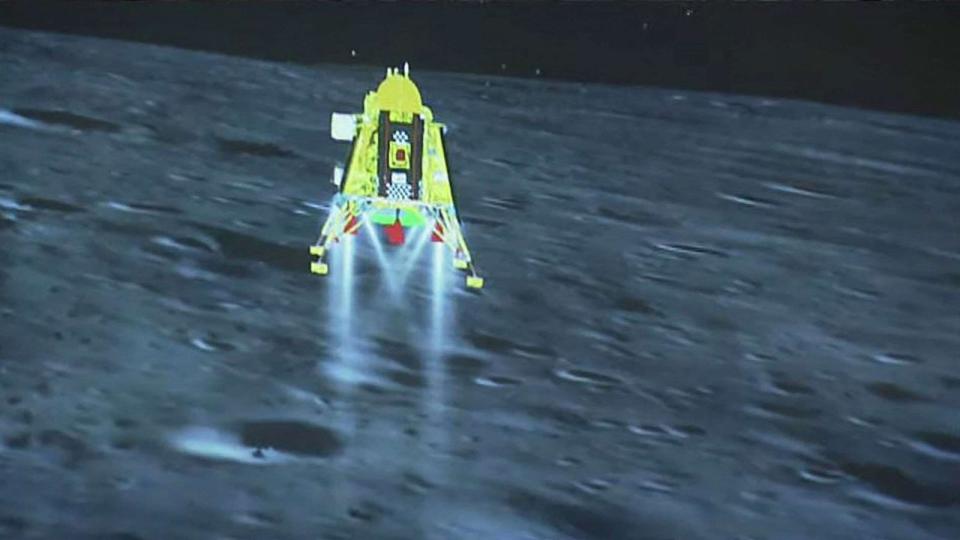 PHOTO: The Chandrayaan-3 spacecraft seconds before its successful lunar landing on the south pole of the Moon in an image from the live video feed on Indian Space Research Organisation (ISRO) website, Aug. 23, 2023. (Indian Space Research Org. via AFP/Getty Images)