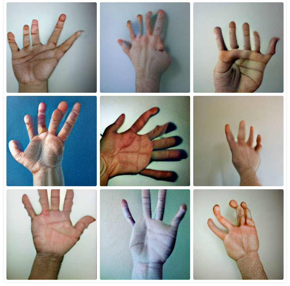 Nine AI-generated images of distorted hands