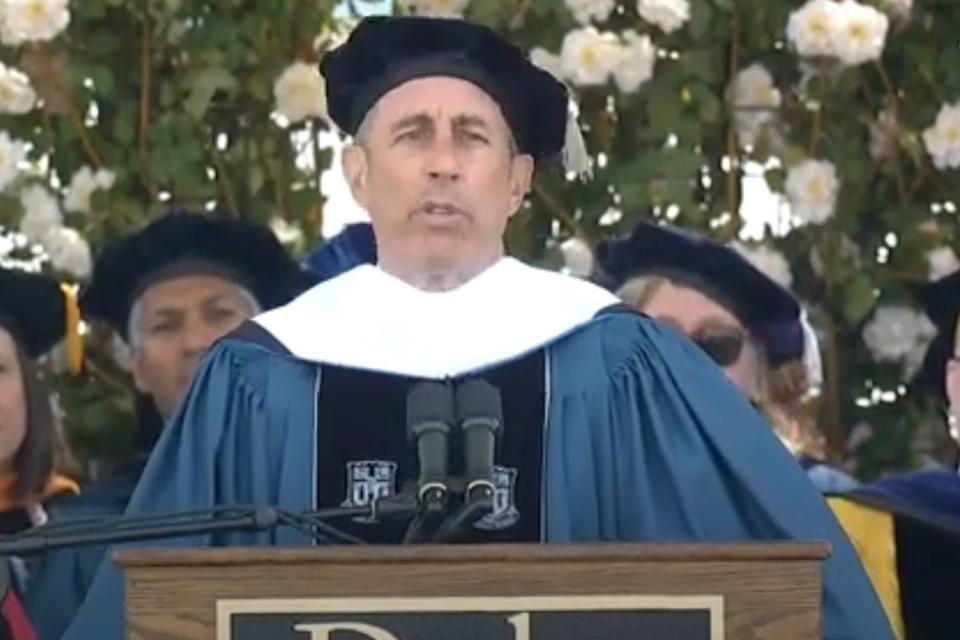 <p>Duke University/Instagram</p> Jerry Seinfeld gives the commencement address at Duke University on May 12, 2024