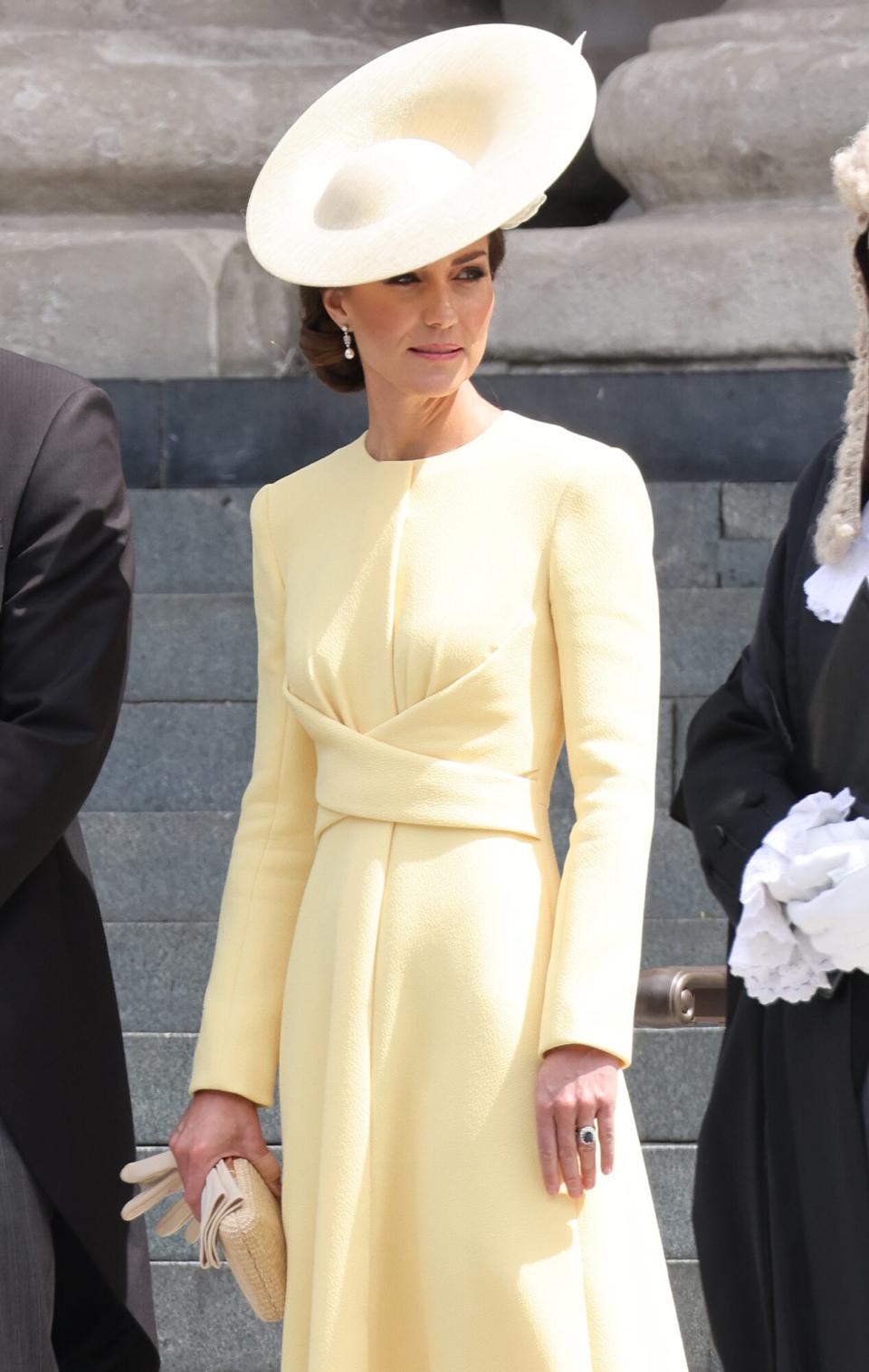 Catherine, Duchess of Cambridge departing St. Paul's Cathedral after the Queen Elizabeth II Platinum Jubilee 2022 - National Service of Thanksgiving on June 03, 2022 in London, England