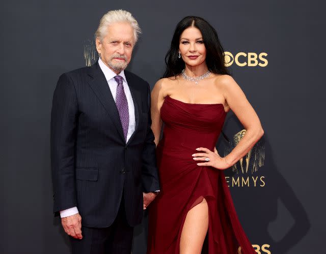 LOS ANGELES, CALIFORNIA – SEPTEMBER 19: (L-R) Michael Douglas and Catherine Zeta-Jones attend the 73rd Primetime Emmy Awards at L.A. LIVE on September 19, 2021 in Los Angeles, California. (Photo by Rich Fury/Getty Images)