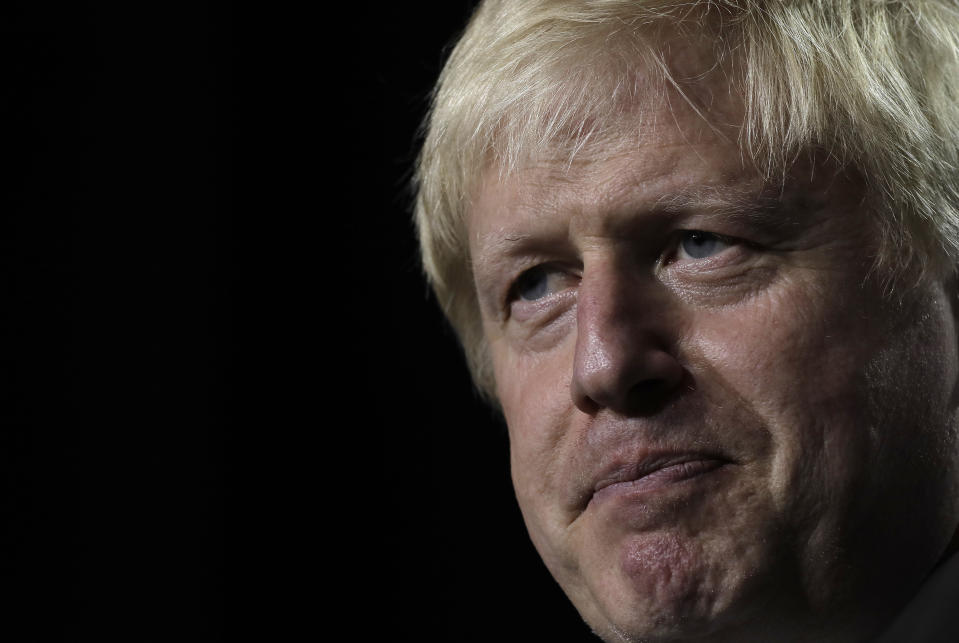 Britain's Prime Minister Boris Johnson speaks during a press conference on the third and final day of the G-7 summit in Biarritz, France Monday, Aug. 26, 2019. (AP Photo/Markus Schreiber)