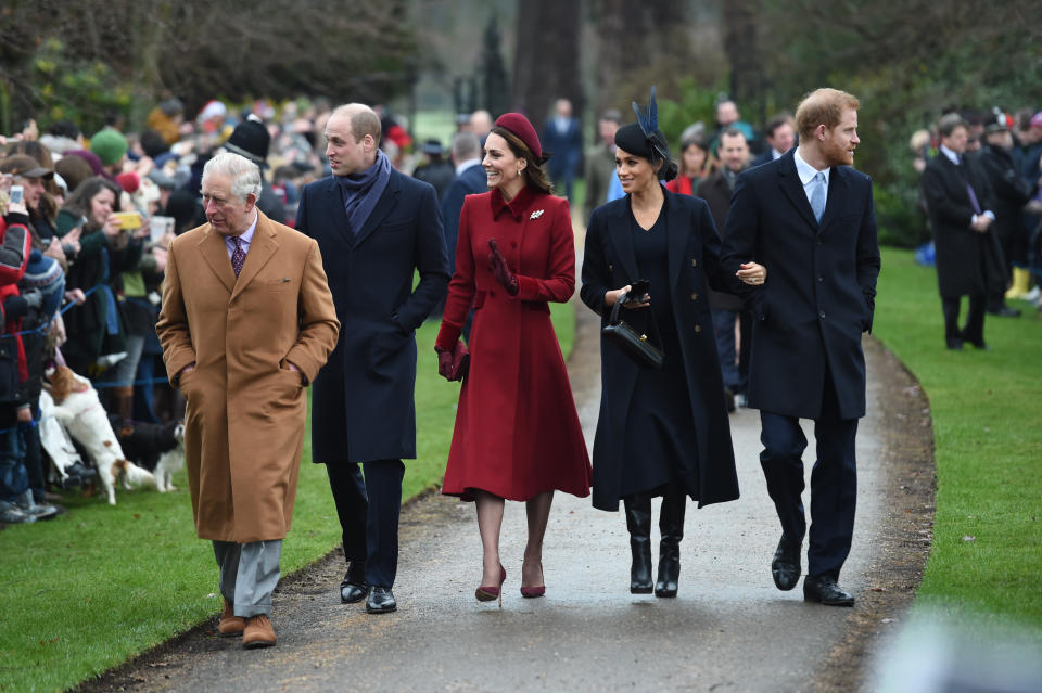 The Prince of Wales, the Duke of Cambridge, the Duchess of Cambridge, the Duchess of Sussex and the Duke of Sussex arriving to attend the Christmas Day morning church service at St Mary Magdalene Church in Sandringham, Norfolk. (Photo by Joe Giddens/PA Images via Getty Images)