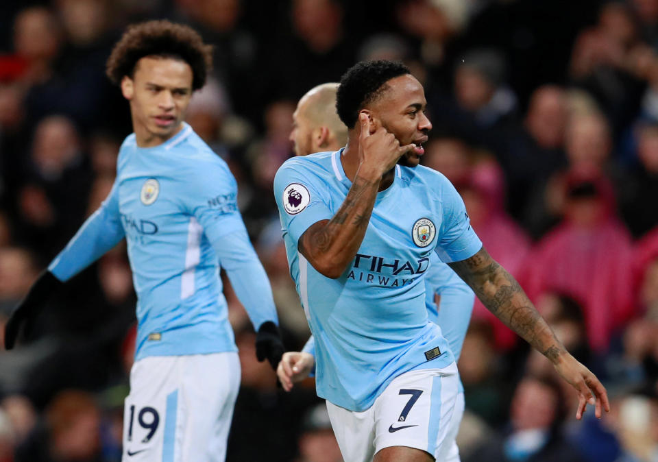 Raheem Sterling emulates Gabriel Jesus’ signature celebration. (Reuters)