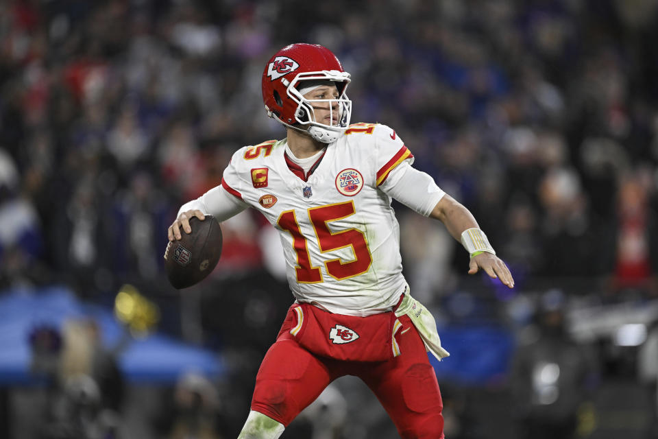 FILE - Kansas City Chiefs quarterback Patrick Mahomes (15) throws a pass during the second half of the AFC Championship NFL football game against the Baltimore Ravens, in Baltimore, Sunday, Jan. 28, 2024. The NFL announced Monday, May 13, that the Super Bowl champion Kansas City Chiefs will open the season at home against the Baltimore Ravens on Thursday, Sept. 5. The game is a rematch of the AFC championship game in January, which the Chiefs won 17-10 in Baltimore. (AP Photo/Terrance Williams, File)