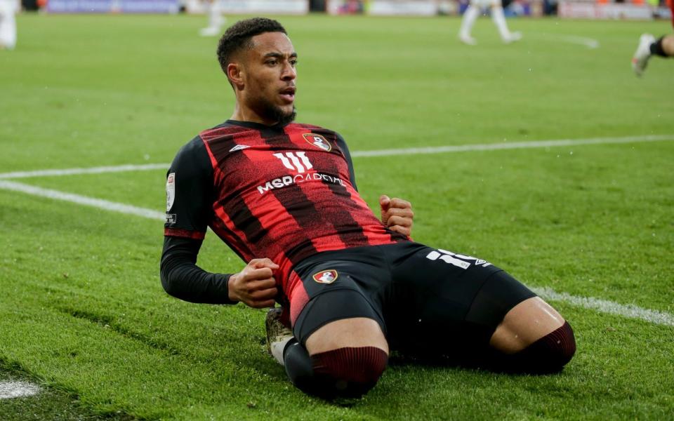 Arnaut Danjuma of Bournemouth celebrates after he scores a goal to make it 1-0 during the Sky Bet Championship Play-off Semi Final 1st Leg match between AFC Bournemouth and Brentford - Robin Jones/AFC Bournemouth via Getty Images