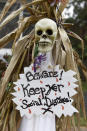 Halloween decorations are seen at the home of Carol McCarthy, reminding people to be safe while trick-or-treating during the COVID-19 pandemic, Monday, Oct. 26, 2020, in Palmyra, N.J. (AP Photo/Michael Perez)