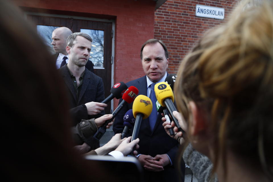 Sweden's Prime Minister Stefan Lofven makes a statement to reporters in Skene, Sweden, Friday, April 8, 2017. A truck crashed into an upscale department store in central Stockholm on Friday, killing at least two people, according to Swedish Prime Minister Stefan Lofven, who said all indications were that it was a terror attack. One person was arrested. "Sweden has been attacked,” Lofven said. “This indicates that it is an act of terror." (Thomas Johansson/TT News Agency via AP)