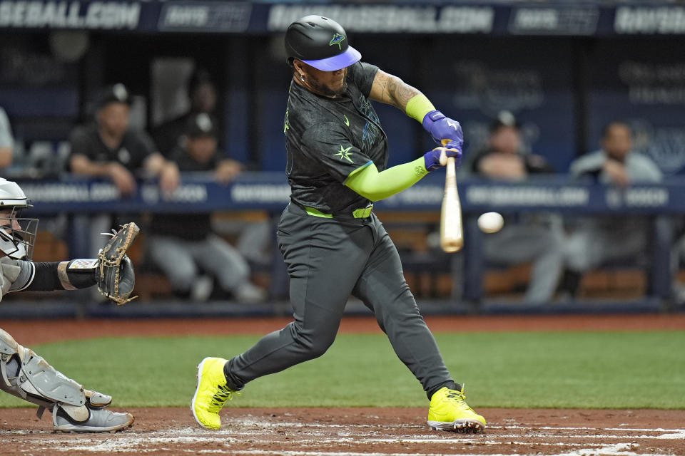 Tampa Bay Rays' Harold Ramirez lines an RBI single off Chicago White Sox starting pitcher Michael Soroka during the second inning of a baseball game Tuesday, May 7, 2024, in St. Petersburg, Fla. (AP Photo/Chris O'Meara)