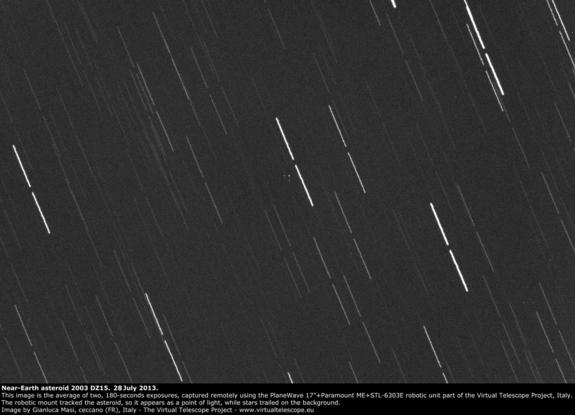 This image of near-Earth asteroid 2003 DZ15 was captured by the Virtual Telescope Project's PlaneWave instrument on July 27, 2013. The asteroid appears as a small white dot in the middle of the photo; the lines are star trails.