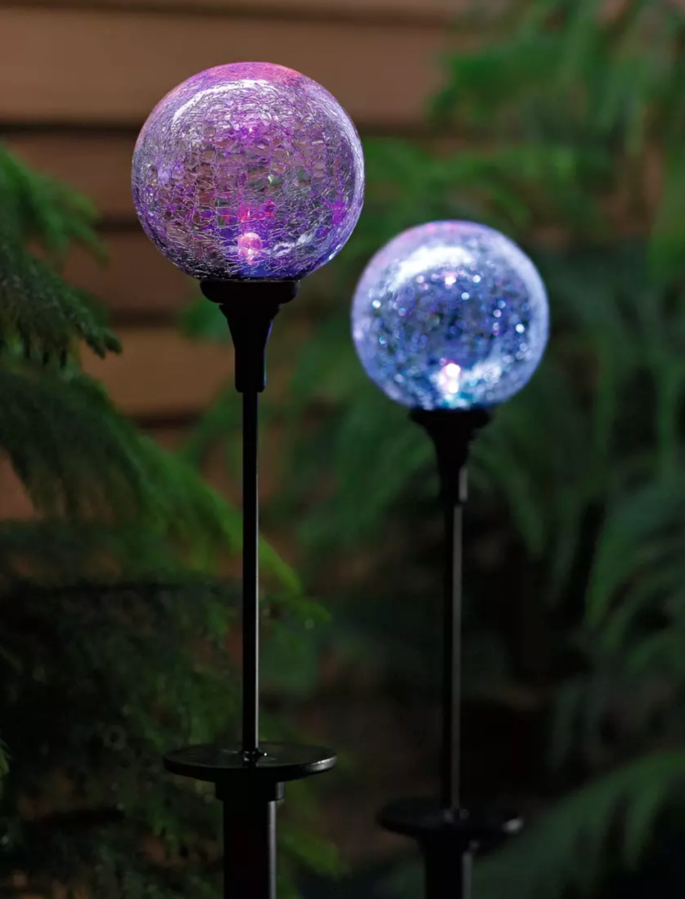 Close up on two small stake lights with blue and purple orbs in garden