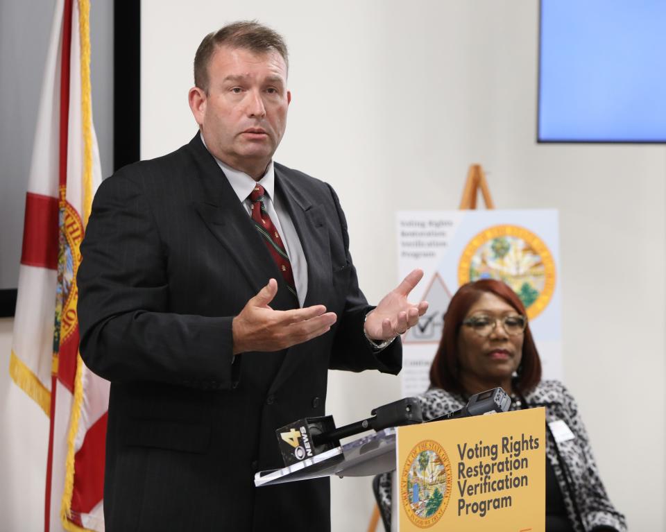 State Attorney Brian Kramer talks about a new Voter Rights Restoration Verification Program created by his office during a press conference with Kim Barton, right, the Alachua County supervisor of elections, on May 17 in Gainesville.