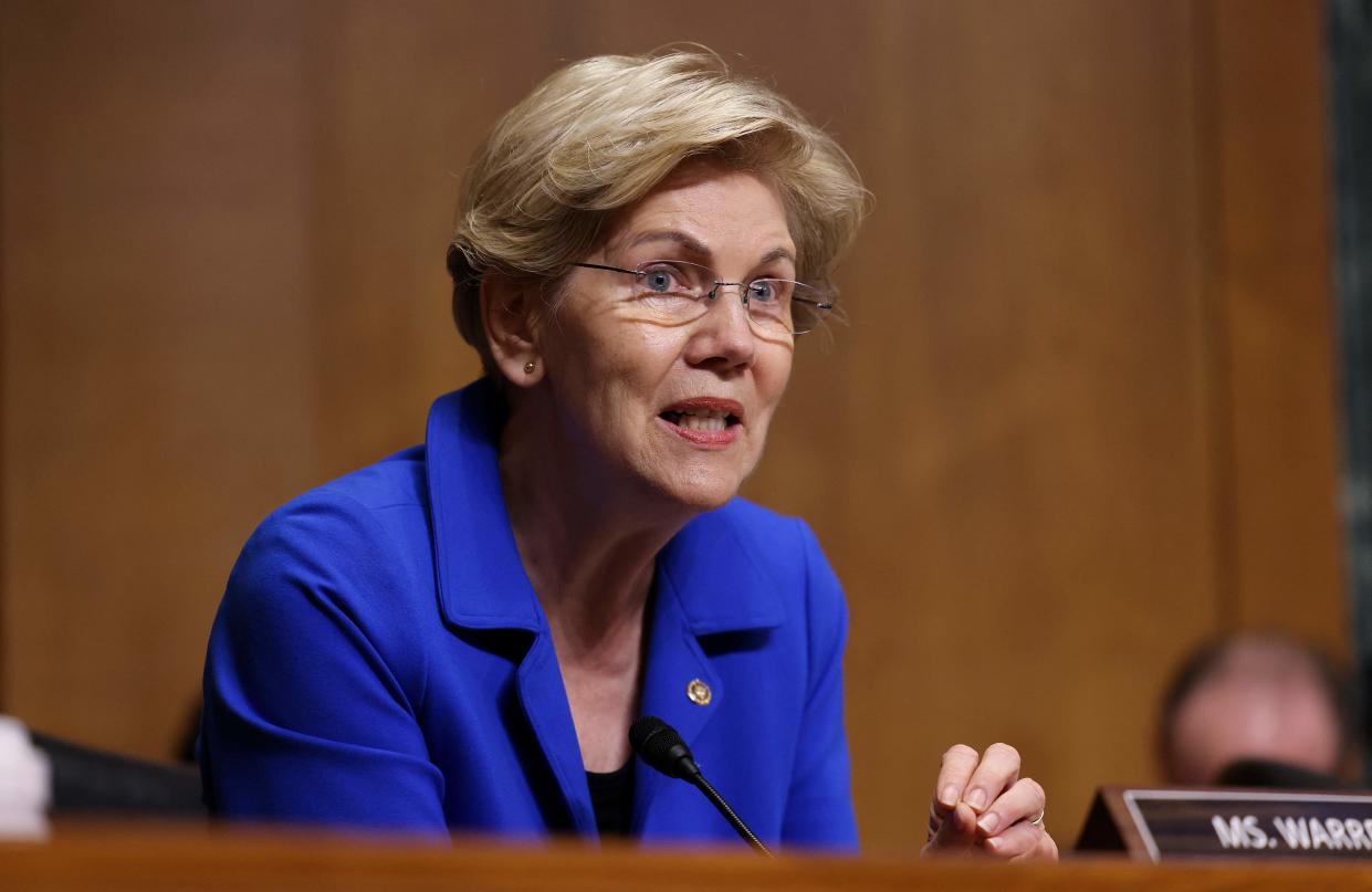 Senator Elizabeth Warren (D-MA) speaks during a Senate Finance Committee hearing on the IRS budget request on Capitol Hill in Washington,DC on June 8, 2021. (Photo by EVELYN HOCKSTEIN / POOL / AFP) (Photo by EVELYN HOCKSTEIN/POOL/AFP via Getty Images)