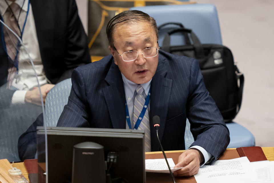 Zhang Jun, permanent representative of China to the United Nations, speaks during a meeting of the United Nations Security Council, Thursday, Sept. 23, 2021, during the 76th Session of the U.N. General Assembly in New York. (AP Photo/John Minchillo, Pool)