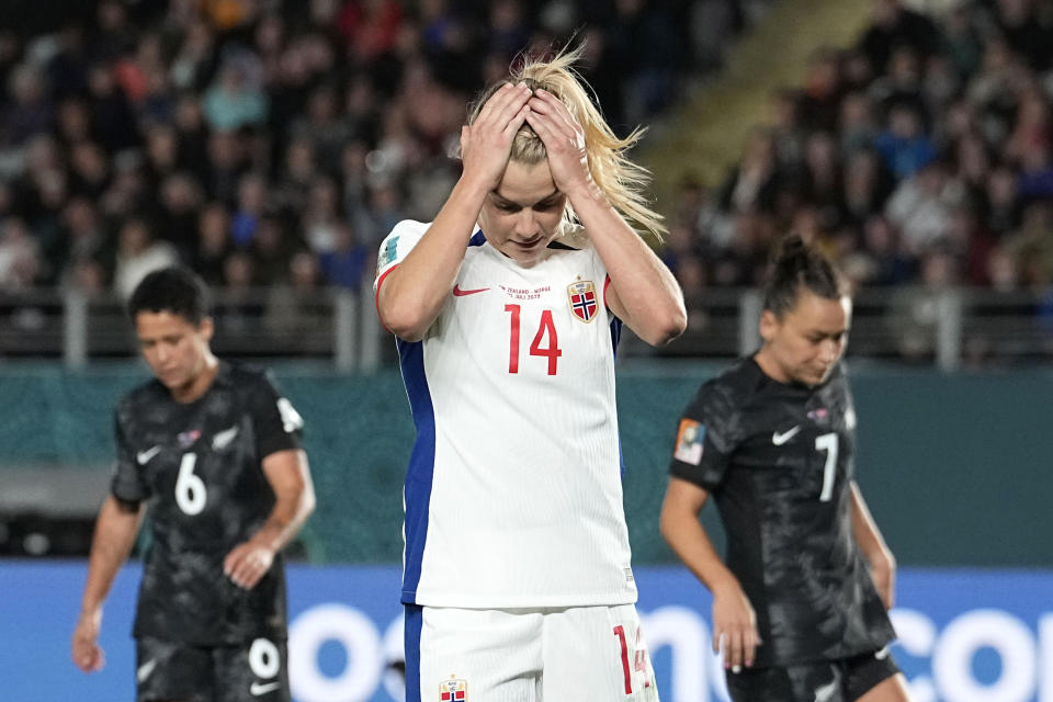 Norway's Ada Hegerberg reacts after missing a scoring chance during the Women's World Cup soccer match between New Zealand and Norway in Auckland, New Zealand, Thursday, July 20, 2023. (AP Photo/Abbie Parr)