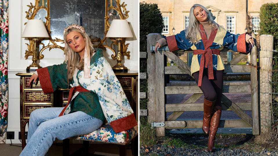 Damask Burnt Orange and Teal Short Kimono (left); Bold Denim Blue & Yellow Damask Short Kimono (right)