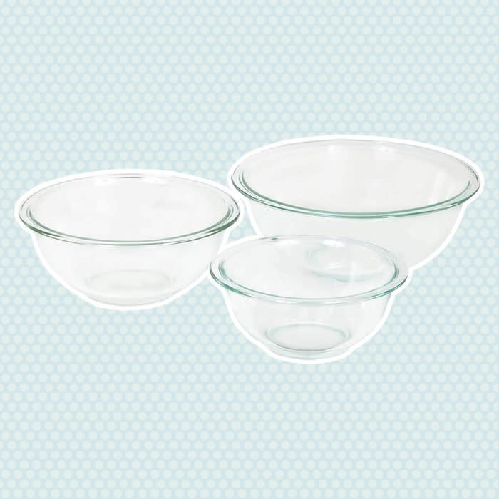 <a href="https://www.amazon.com/Pyrex-Glass-Mixing-Bowl-3-Piece/dp/B00LGLHUA0?tag=tohmke-20" rel="nofollow noopener" target="_blank" data-ylk="slk:Pyrex Mixing Bowls;elm:context_link;itc:0;sec:content-canvas" class="link rapid-noclick-resp">Pyrex Mixing Bowls</a>