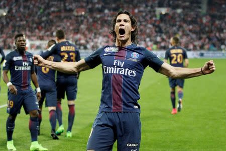 Soccer Football - AS Monaco v Paris Saint Germain - French Ligue cup final - Stade de Lyon - Decines, France - 1/4/2017 - Edinson Cavani of Paris Saint Germain reacts after scoring against AS Monaco . REUTERS/Emmanuel Foudrot