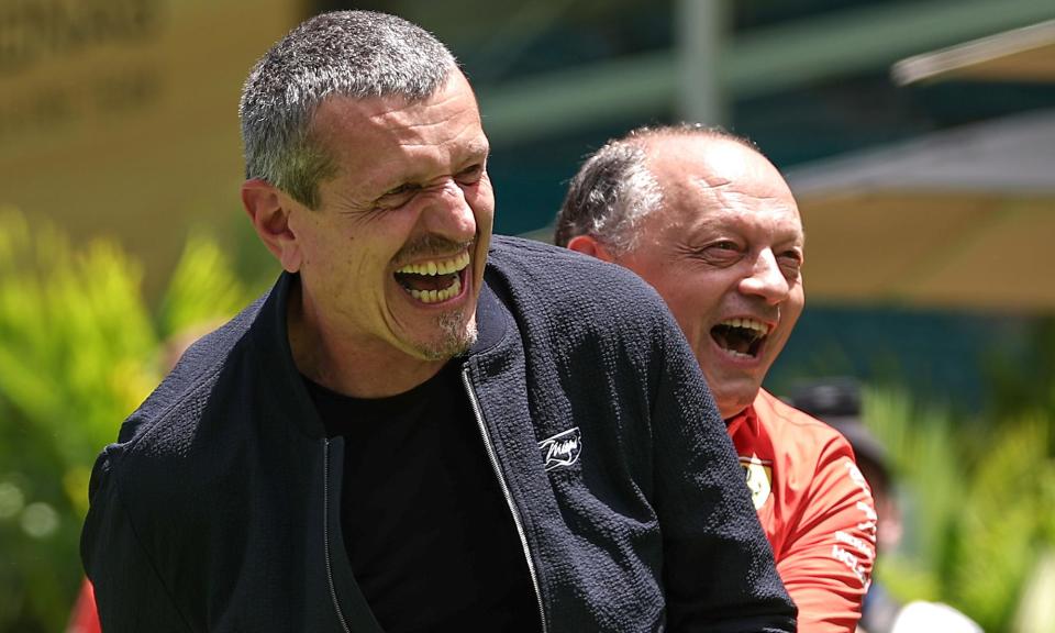 <span>Guenther Steiner in Miami with Frederic Vasseur, the Ferrari team principal. Steiner stars in Netflix’s ‘Drive to Survive’ but has never watched it.</span><span>Photograph: Qian Jun/MB Media/Getty</span>