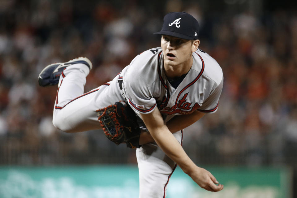 Atlanta Braves starting pitcher Mike Soroka follows through on a pitch to a Washington Nationals batter during the second inning of a baseball game, Friday, Sept. 13, 2019, in Washington. (AP Photo/Patrick Semansky)