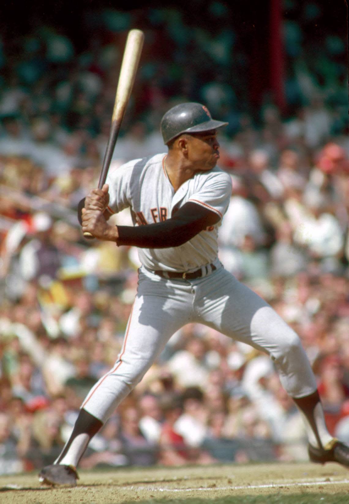 San Francisco Giants outfielder Willie Mays bats during the 1968 season.