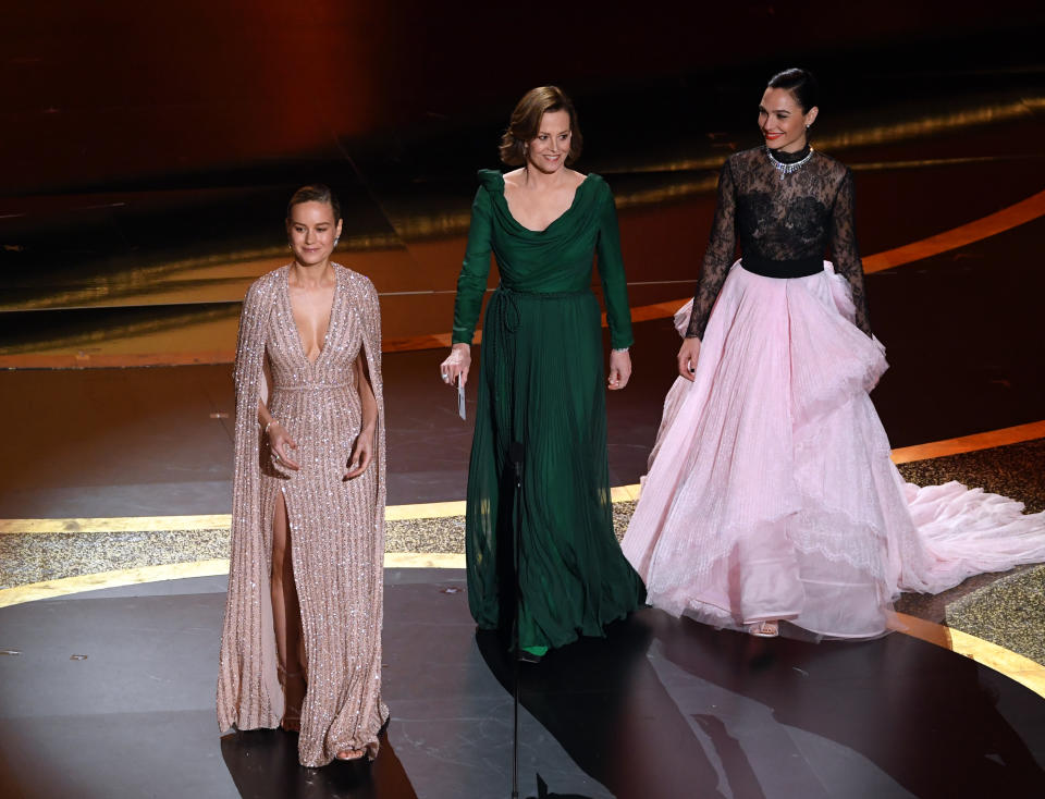 HOLLYWOOD, CALIFORNIA - FEBRUARY 09: (L-R) Brie Larson, Sigourney Weaver, and Gal Gadot walk onstage during the 92nd Annual Academy Awards at Dolby Theatre on February 09, 2020 in Hollywood, California. (Photo by Kevin Winter/Getty Images)