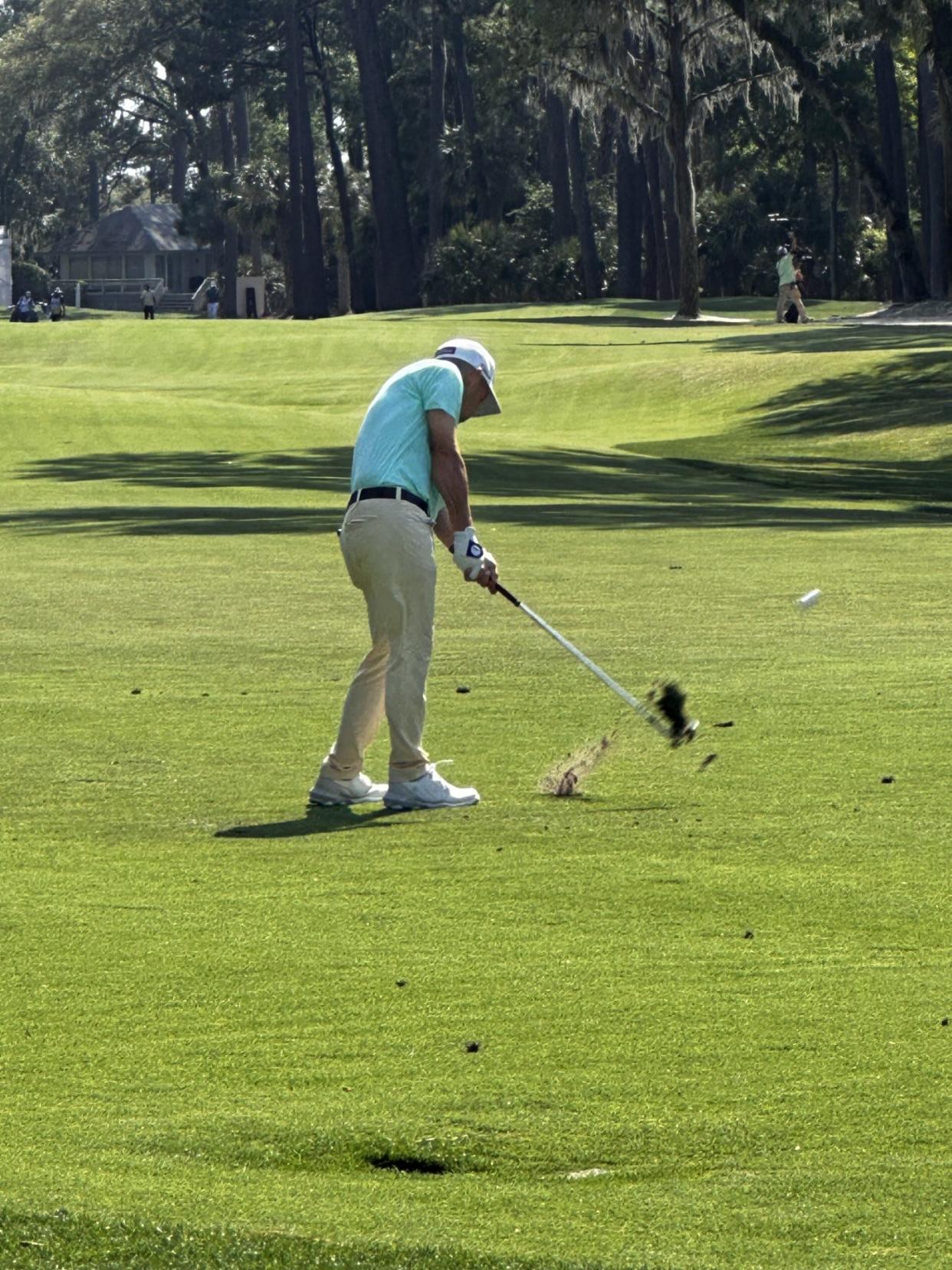 Brian Harman hits his approach into the 15th hold at the RBC Heritage played at Harbour Town Golf Links on April 18, 2024.