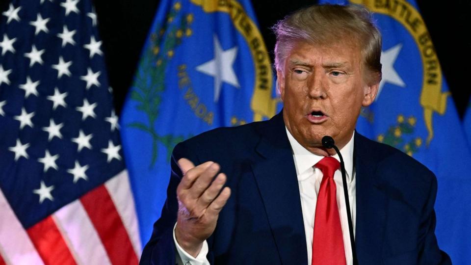 PHOTO: President and 2024 Republican Presidential hopeful Donald Trump speaks at a Republican volunteer recruitment event at Fervent, a Calvary Chapel, in Las Vegas, July 8, 2023. (Patrick T. Fallon/AFP via Getty Images)