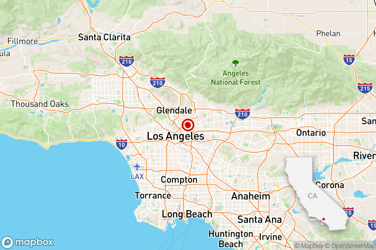 A circle on a map shows the location of Monday's quake in Los Angeles.