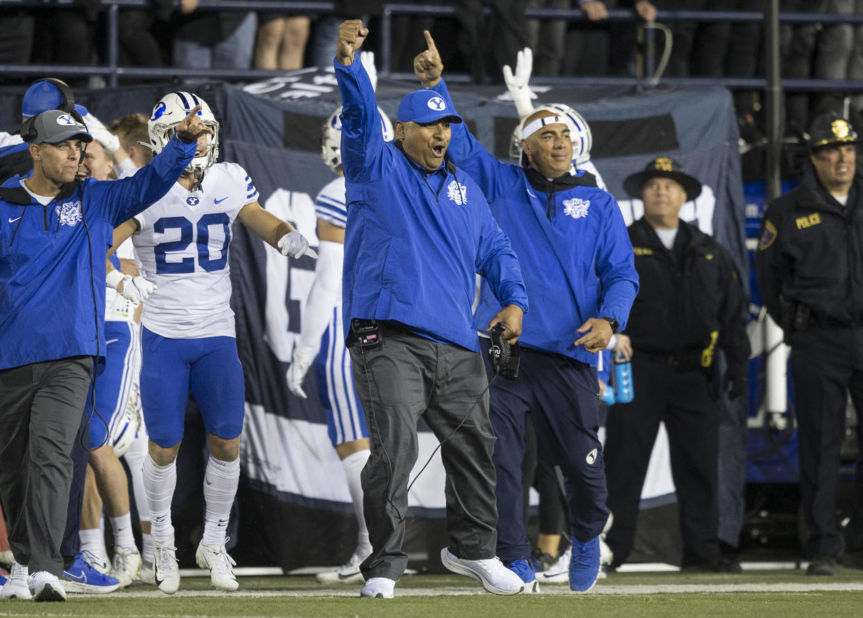 BYU coach Kalani Sitake has his team thinking big. Could the Cougars crash the College Football Playoff picture? (Chris Gardner/Getty Images)