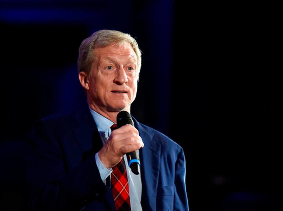 Democratic presidential candidate Tom Steyer announces the end of his presidential campaign following the results of the South Carolina primary on Saturday, Feb. 29, 2020, in Columbia, S.C.