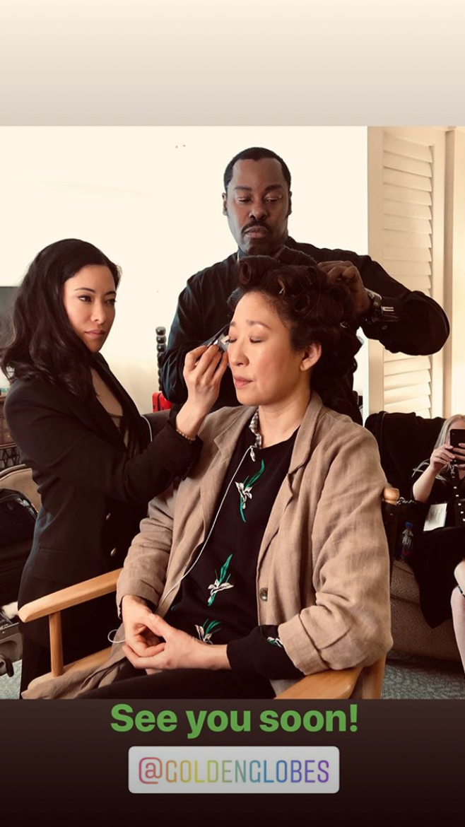 <h1 class="title">sandra oh getting ready for the golden globes 2019</h1><cite class="credit">Courtesy of Instagram/@iamsandraohinsta</cite>