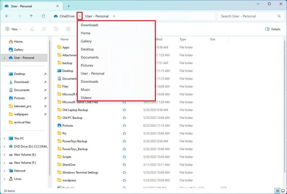 File Explorer address bar menu