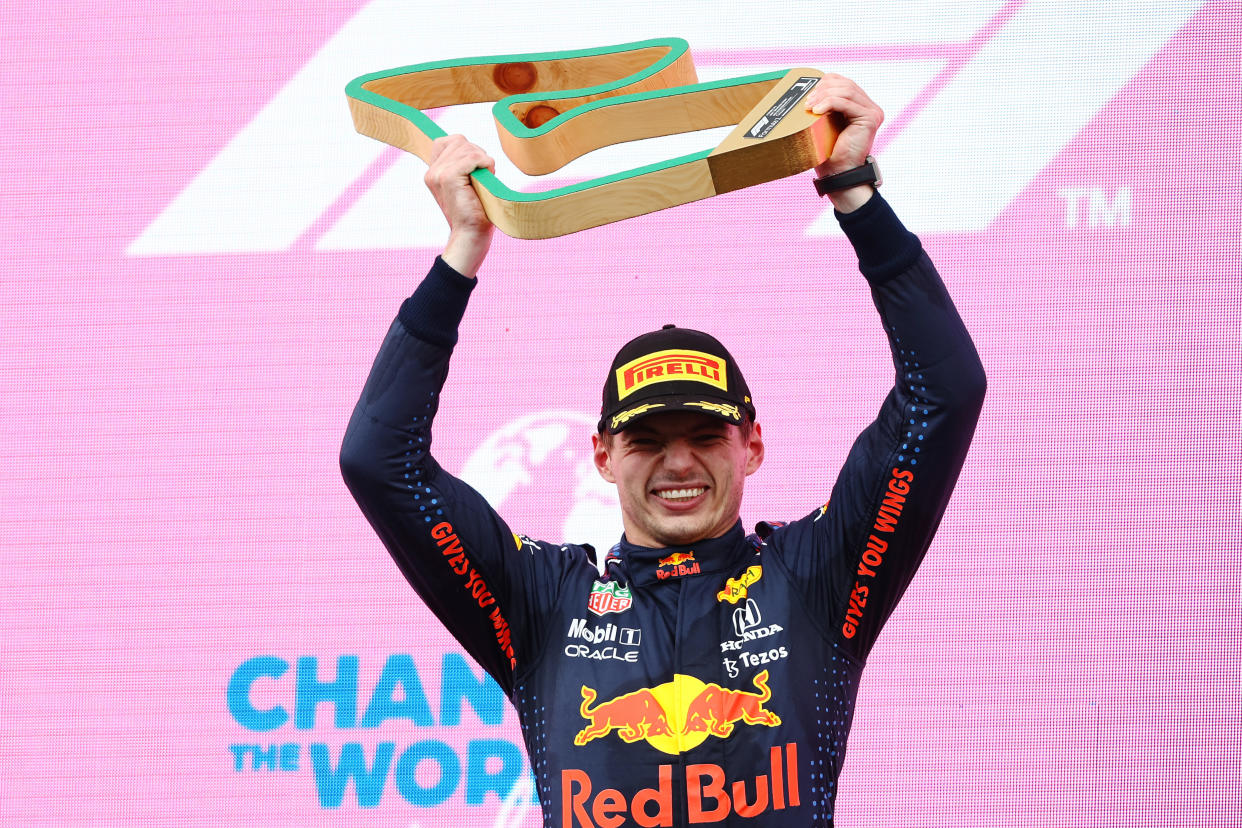 SPIELBERG, AUSTRIA - JUNE 27: Race winner Max Verstappen of Netherlands and Red Bull Racing celebrates on the podium during the F1 Grand Prix of Styria at Red Bull Ring on June 27, 2021 in Spielberg, Austria. (Photo by Bryn Lennon/Getty Images)