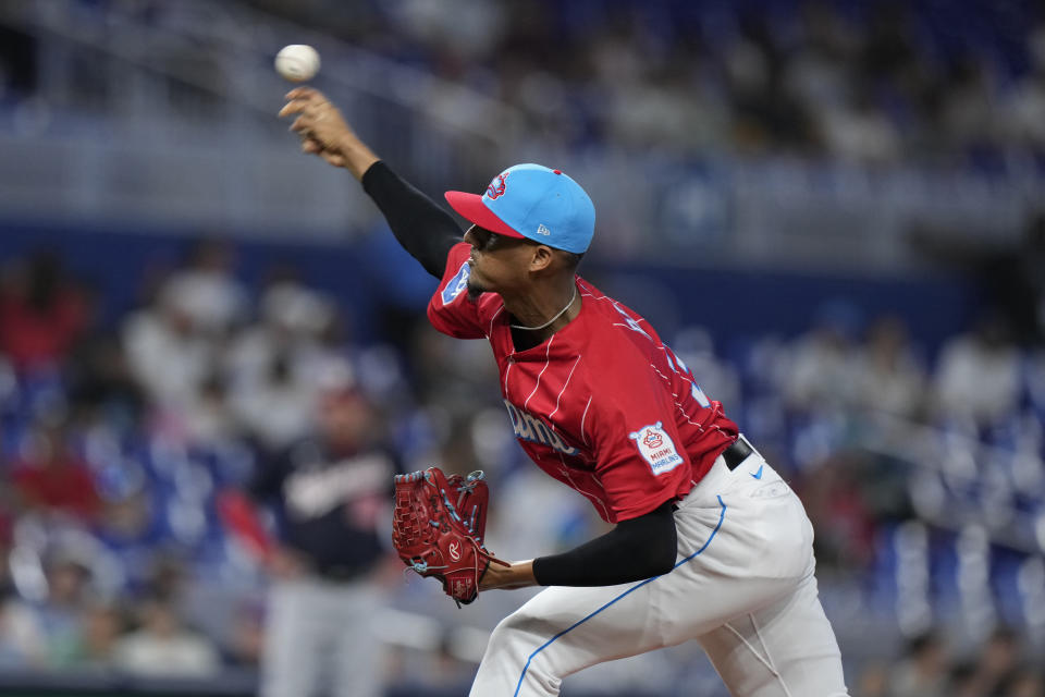 Miami Marlins' Eury Perez delivers a pitch during the first inning of a baseball game against the Washington Nationals, Saturday, Aug. 26, 2023, in Miami. (AP Photo/Wilfredo Lee)